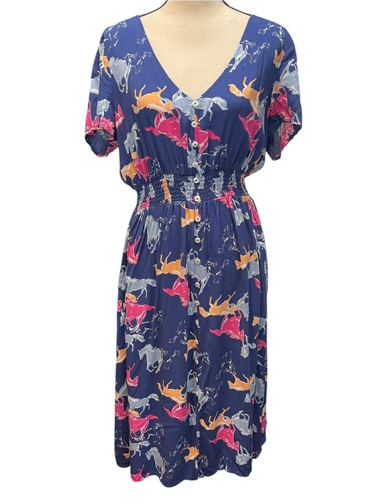Modcloth Dresses & Skirts - Modcloth Neon Stampede Navy Blue Novelty Horse Print Button Down Shirt Dress XL